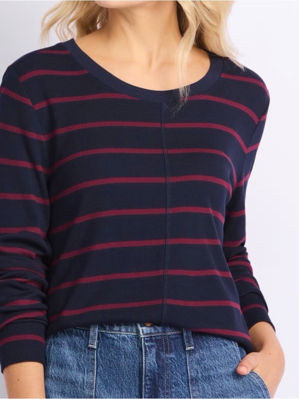 Threads 4 Thought Navy Sweater with Burgundy Stripes